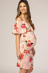 Peach Floral Print Ruffle Fitted Maternity Dress