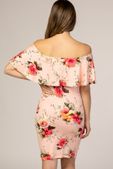 Peach Floral Print Ruffle Fitted Maternity Dress
