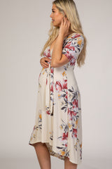 Ivory Floral Draped Hi-Low Maternity Dress