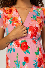 Pink Floral Ruffle Accent Hi-Low Maternity Wrap Dress