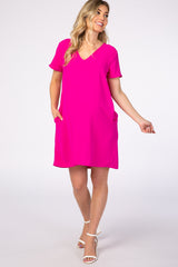 Pink V-Neck Short Sleeve Maternity Dress