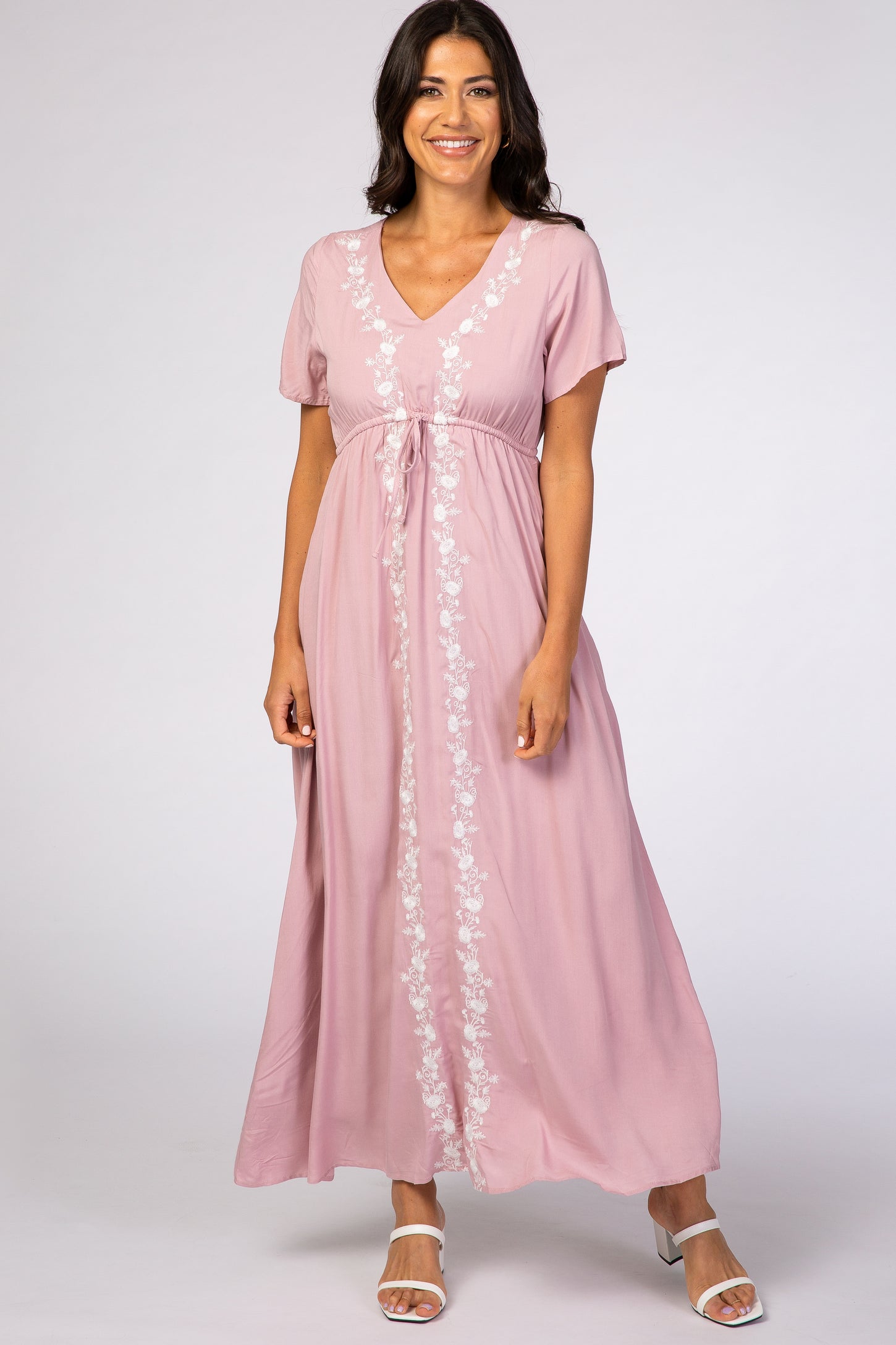 Pink Floral Embroidered Maternity Maxi Dress