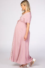 Pink Floral Embroidered Maternity Maxi Dress