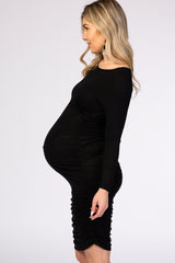 Black Long Sleeve Ruched Maternity Dress