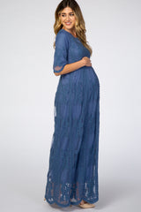 Blue Crochet Overlay Maternity Maxi Dress