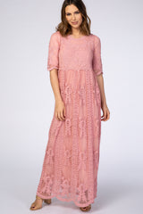 Pink Crochet Overlay Maternity Maxi Dress