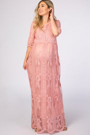Pink Crochet Overlay Maternity Maxi Dress