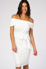 PinkBlush White Ribbed Off Shoulder Fitted Dress