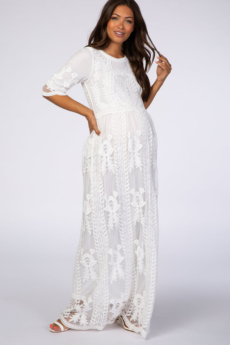 White Crochet Overlay Maternity Maxi Dress– PinkBlush