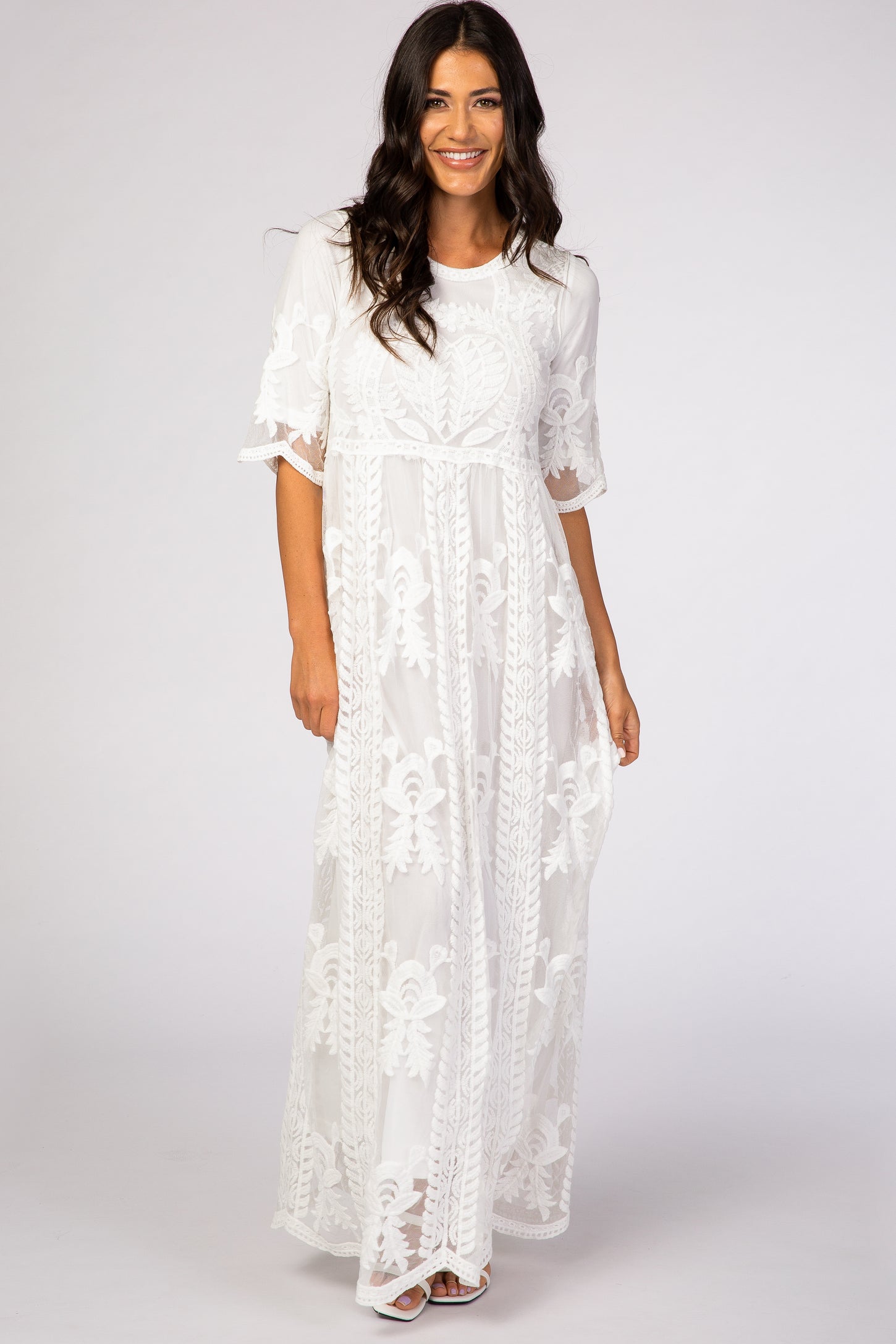 White Crochet Overlay Maternity Maxi Dress