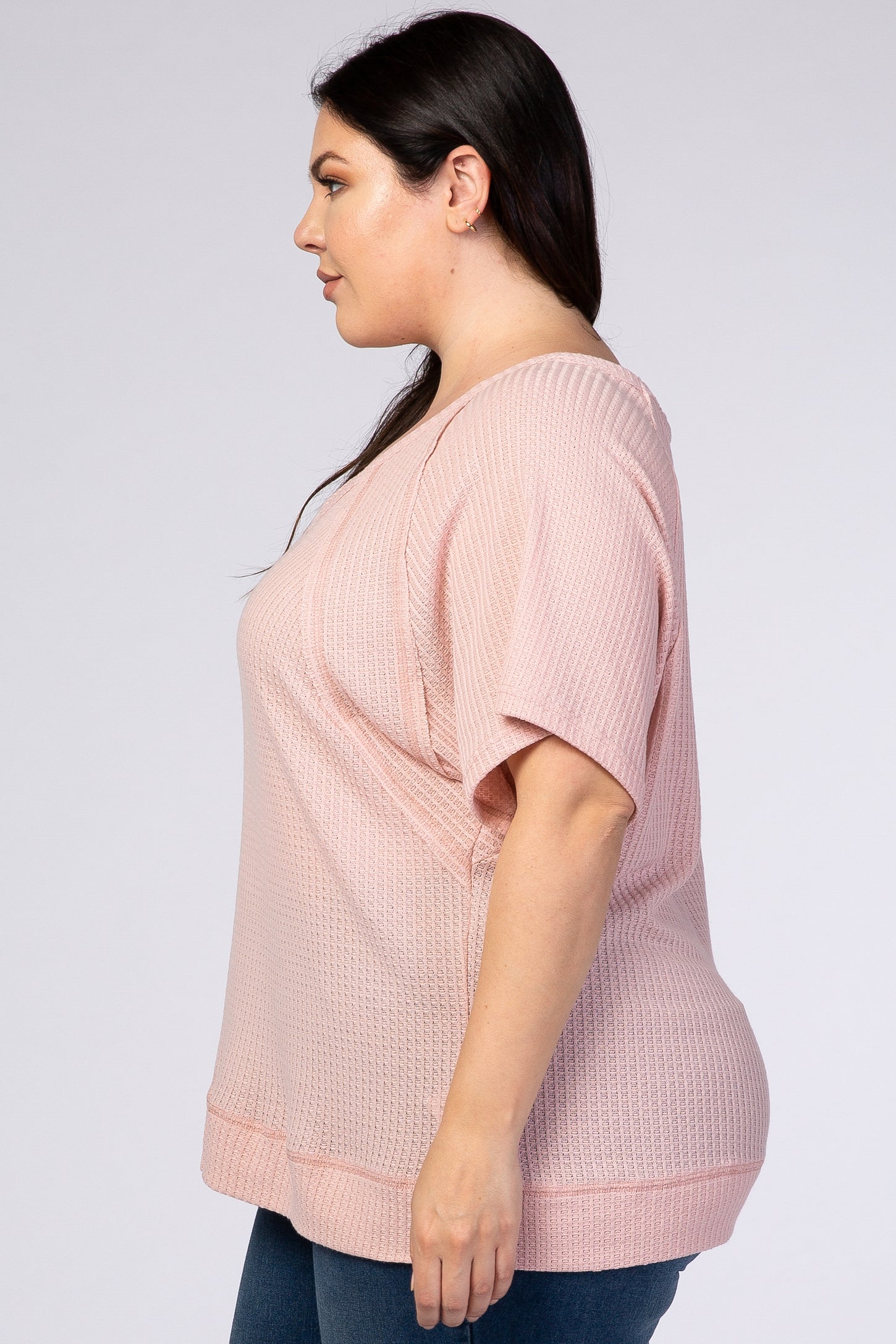 Pink Textured Short Sleeve V-Neck Plus Top