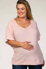 Pink Textured Short Sleeve V-Neck Plus Maternity Top