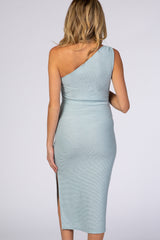 Light Blue One Shoulder Fitted Maternity Midi Dress