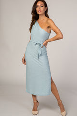 Light Blue One Shoulder Fitted Maternity Midi Dress