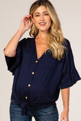 Navy Blue V-Neck Button Down Ruffle Sleeve Maternity Top