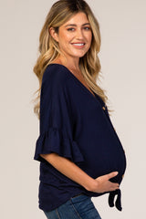 Navy Blue V-Neck Button Down Ruffle Sleeve Maternity Top