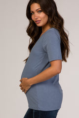 Blue V-Neck Short Sleeve Basic Maternity Top