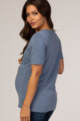 Blue V-Neck Short Sleeve Basic Maternity Top