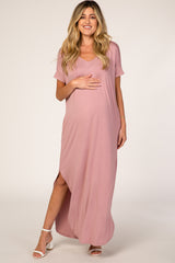 Mauve V-Neck Short Sleeve Maternity Maxi Dress