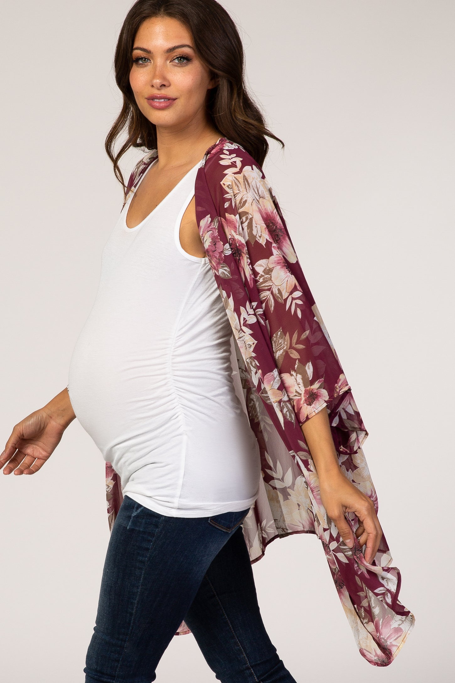 Burgundy Floral Chiffon Maternity Cover Up