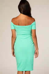 PinkBlush Mint Solid Off Shoulder Fitted Dress