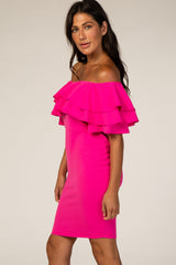 PinkBlush Fuchsia Layered Ruffle Off Shoulder Fitted Dress