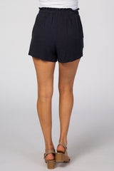 Navy Blue Tie Front Linen Shorts