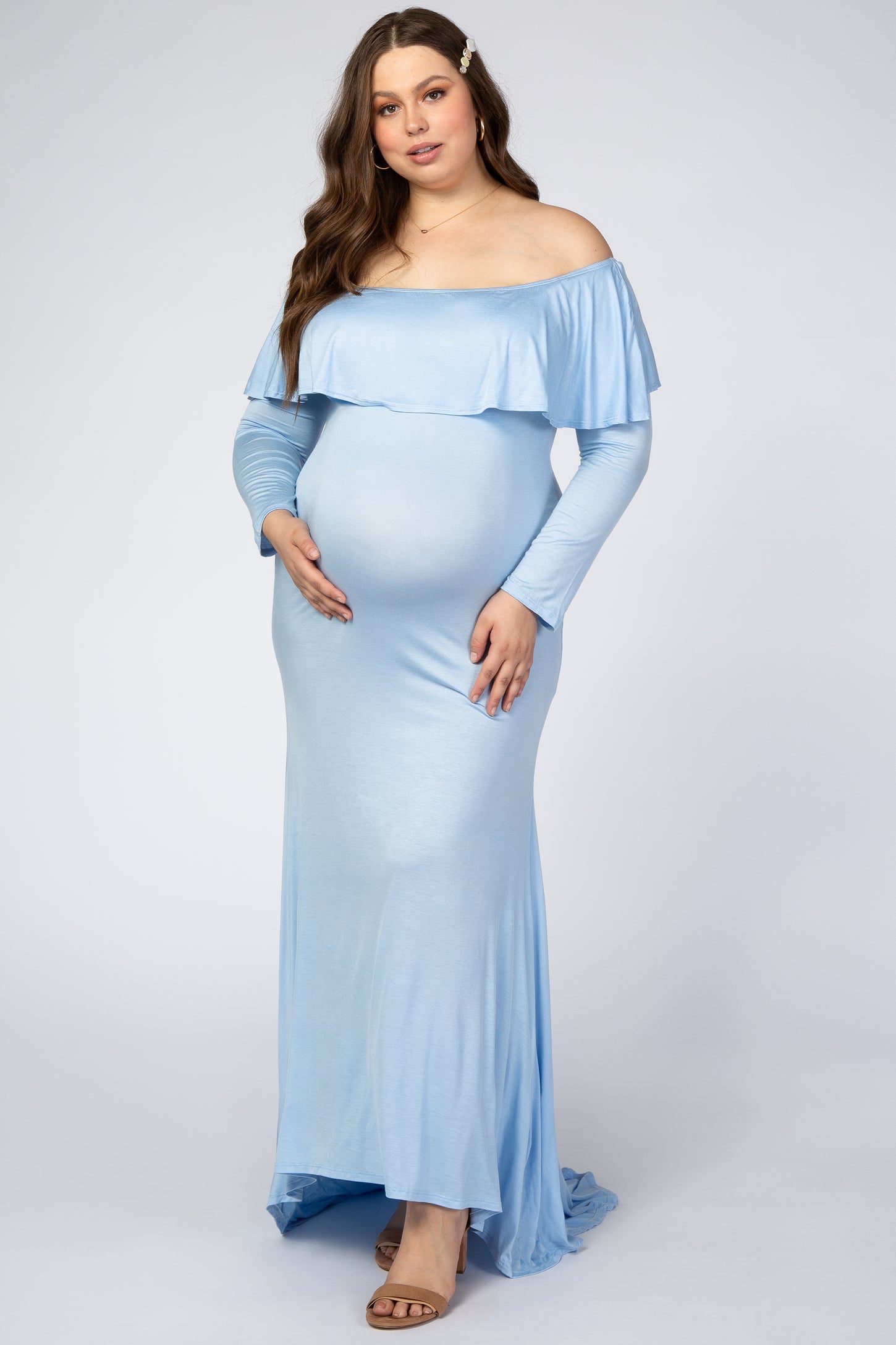 Light Blue Off Shoulder Ruffle Maternity Plus Photoshoot Gown/Dress ...