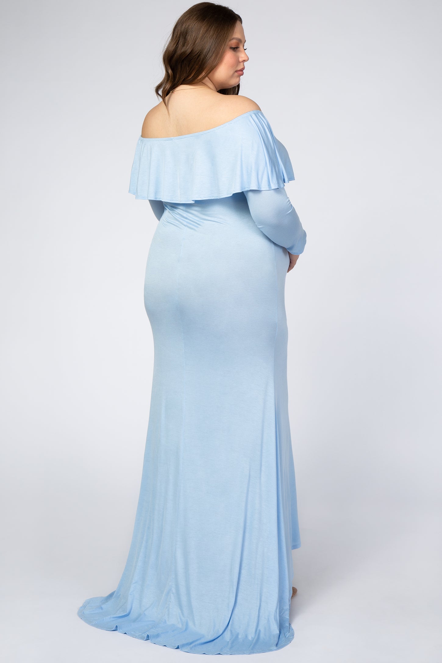 Light Blue Off Shoulder Ruffle Maternity Plus Photoshoot Gown/Dress