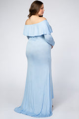 Light Blue Off Shoulder Ruffle Maternity Plus Photoshoot Gown/Dress