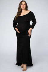 Black Off Shoulder Ruffle Maternity Plus Photoshoot Gown/Dress