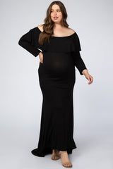 Black Off Shoulder Ruffle Maternity Plus Photoshoot Gown/Dress