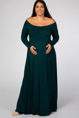 Forest Green Solid Off Shoulder Plus Maternity Maxi Dress
