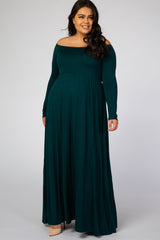 Forest Green Solid Off Shoulder Plus Maternity Maxi Dress