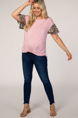 Pink Animal Sleeve Knot Front Maternity Top