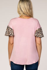 Pink Animal Sleeve Knot Front Maternity Top