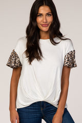 White Animal Sleeve Knot Front Top