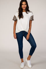 White Animal Sleeve Knot Front Top