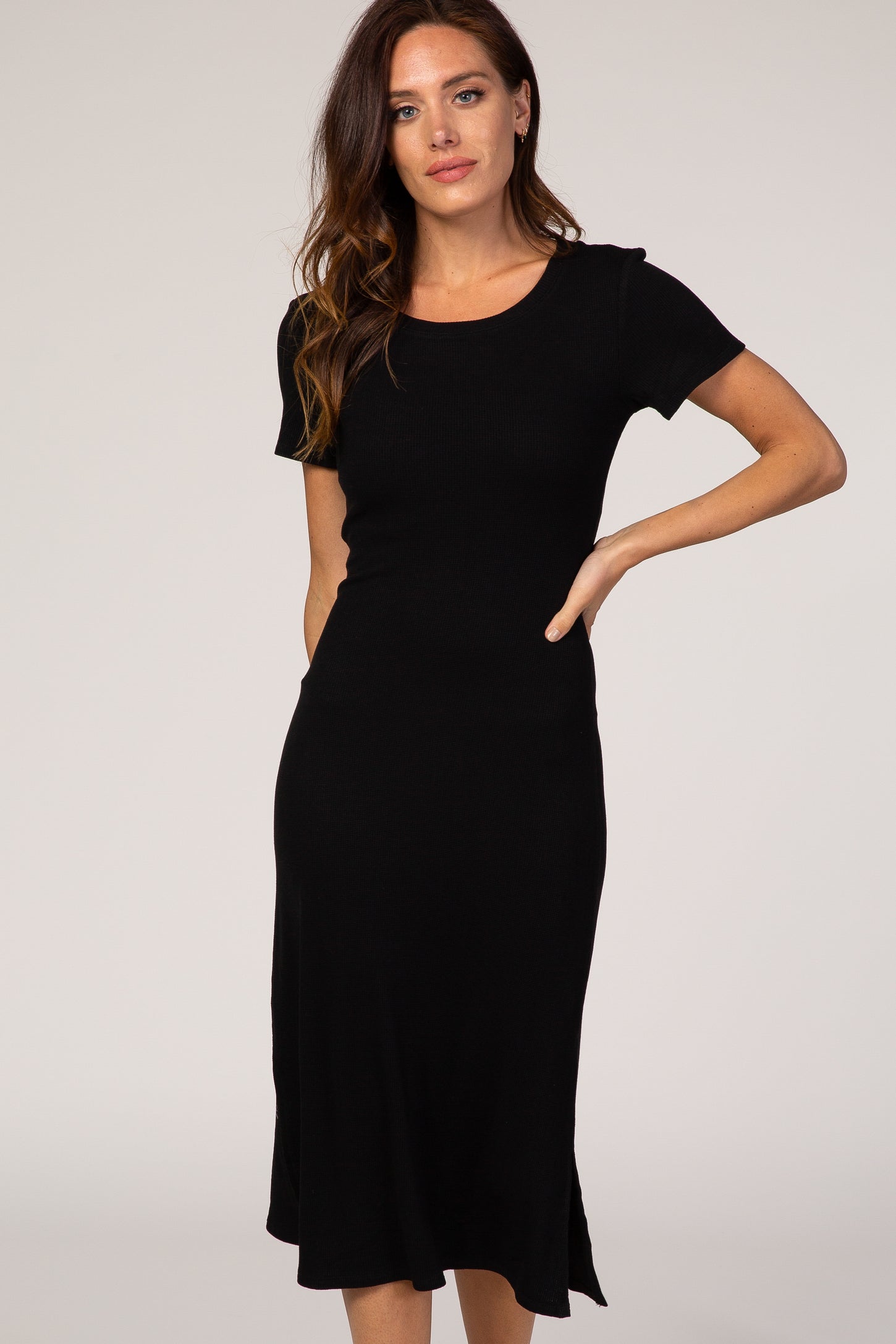 Black Fitted Short Sleeve Midi Dress Black Fitted Short Sleeve Midi Dress