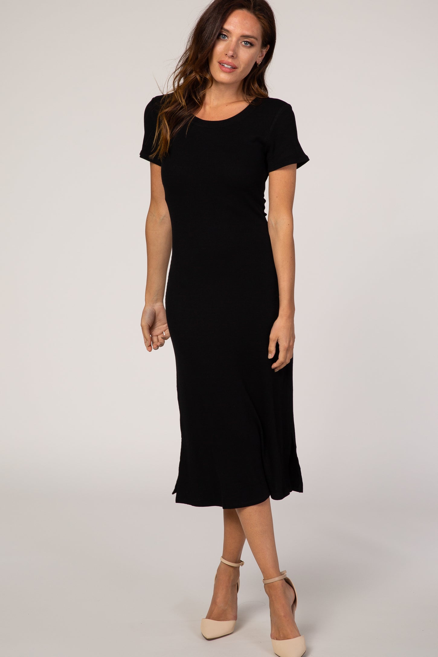 Black Fitted Short Sleeve Maternity Midi Dress– PinkBlush