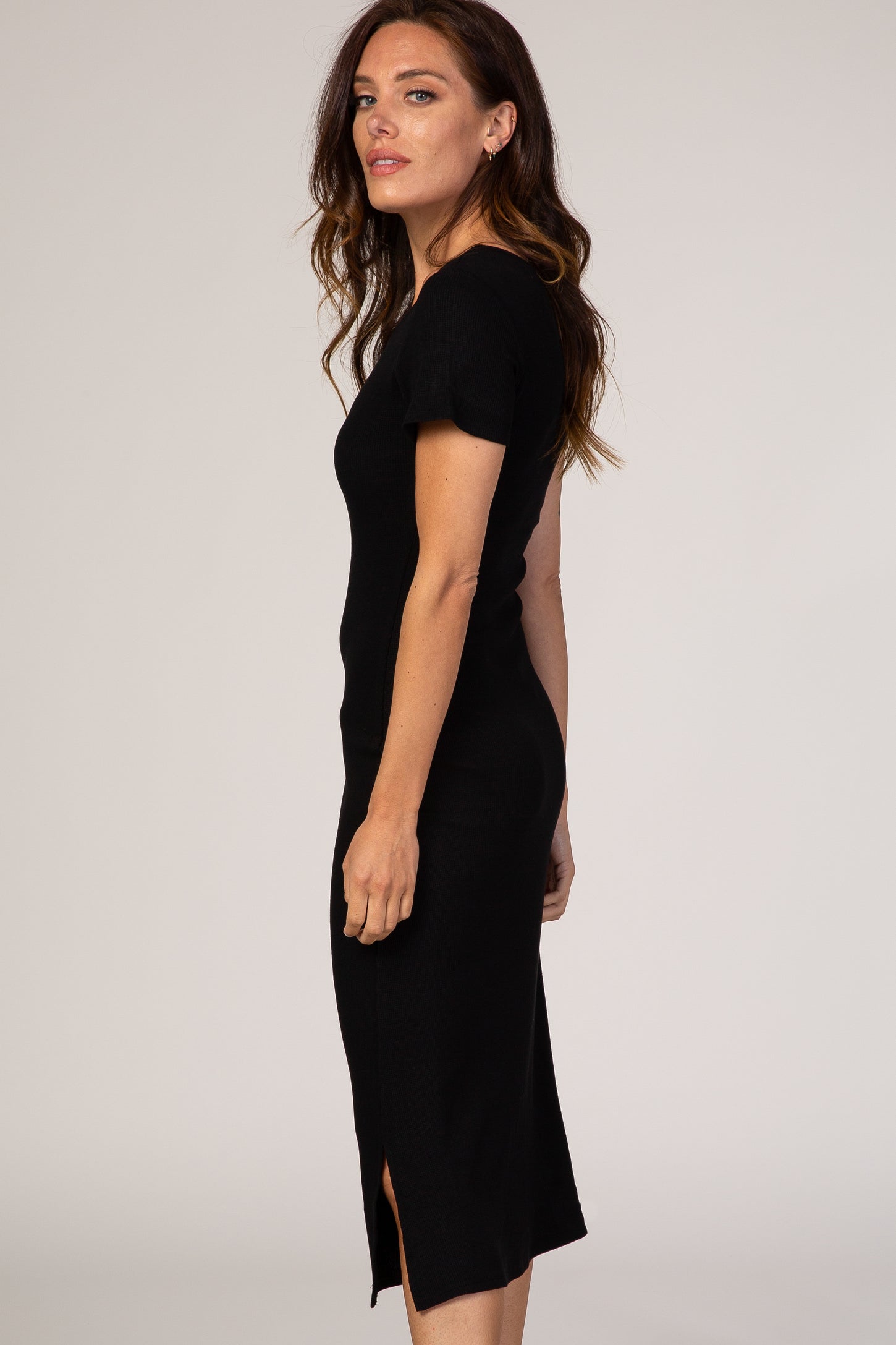 Black Fitted Short Sleeve Midi Dress PinkBlush Black Fitted Short Sleeve Midi Dress PinkBlush