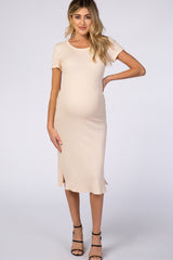 Waverleigh Taupe Fitted Short Sleeve Maternity Midi Dress