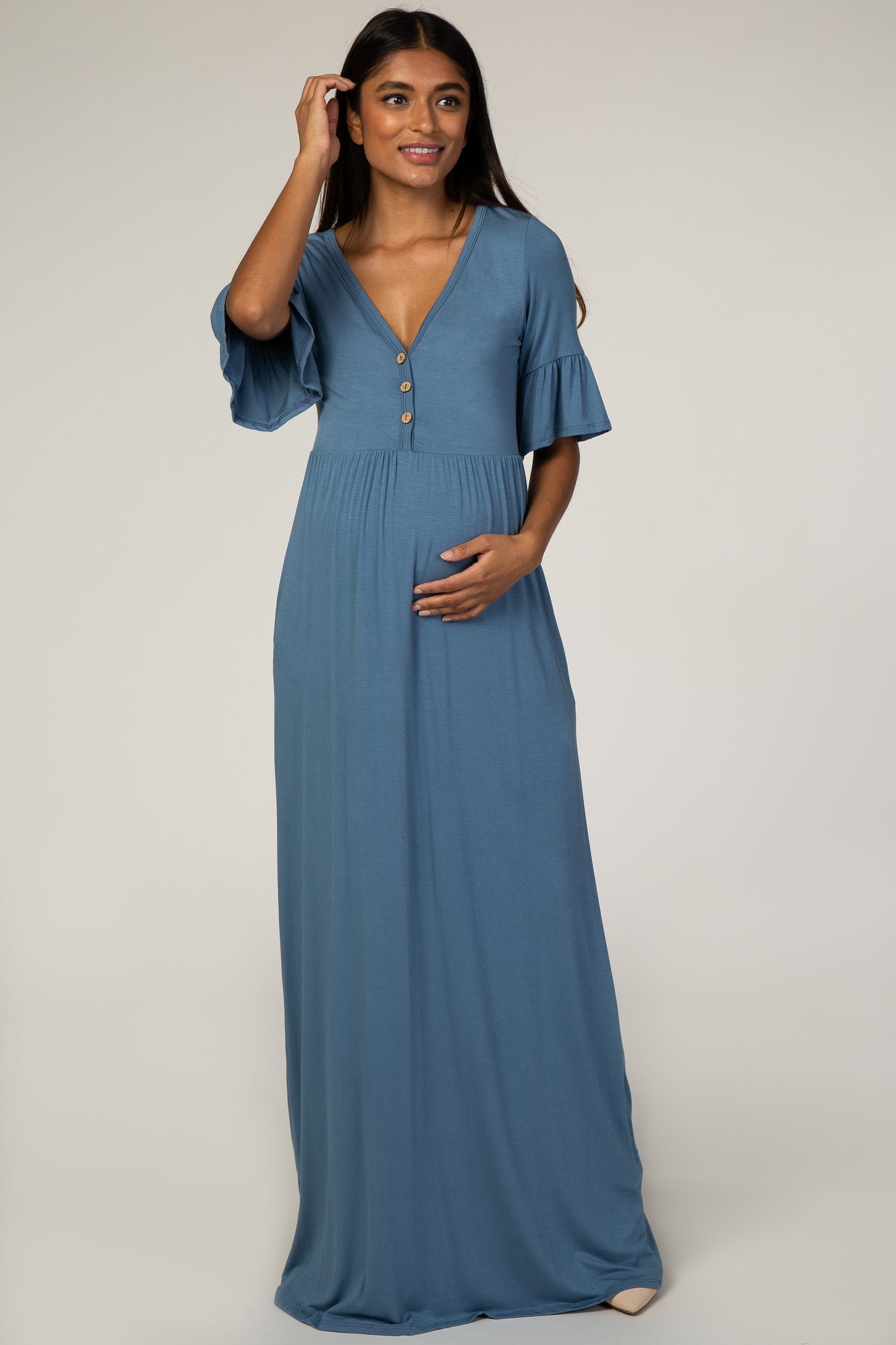 Dusty Blue Button Ruffle Sleeve Maternity Maxi Dress– PinkBlush