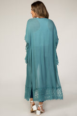 Teal Long Sleeve Lace Trim Cover Up