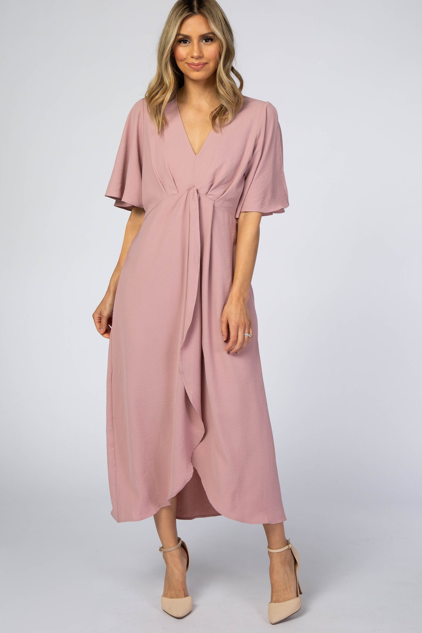Mauve Open Sleeve Wrap Midi Dress