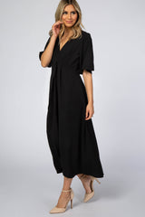 Black Open Sleeve Wrap Midi Dress