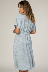 Blue Printed V-Neck Drop Shoulder Dress