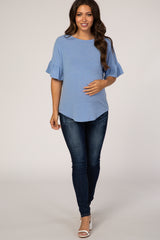 Blue Short Ruffle Sleeve Maternity Top
