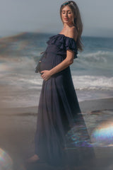 Navy Blue Off Shoulder Tassel Tie Maternity Maxi Dress