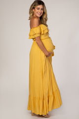 Yellow Off Shoulder Tassel Tie Maternity Maxi Dress